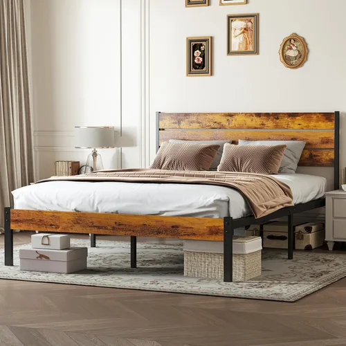 Vista 9 de Sweetcrispy Base de cama individual de madera resistente con cabecero, base de colchón resistente de 500 libras, plataforma de soporte de metal