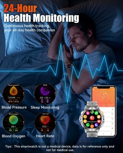 Vista 5 de Relojes inteligentes militares para hombre con llamada Bluetooth, reloj inteligente AMOLED impermeable de 1.43 pulgadas con linterna, 111 modos
