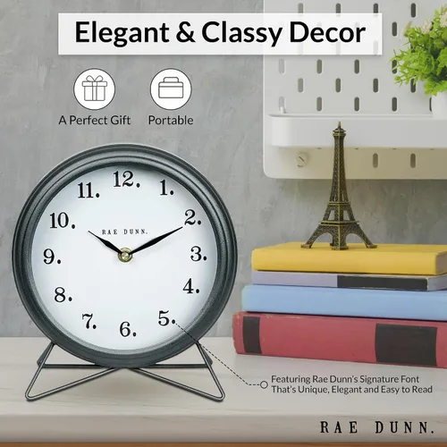 Vista 4 de Rae Dunn Reloj de escritorio, funciona con pilas, diseño rústico moderno, mango superior para dormitorio, oficina, cocina, pequeña pantalla