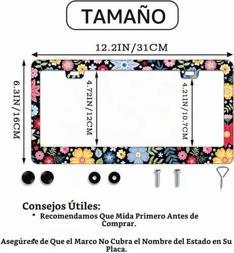 Vista 2 de Marco de matrícula personalizado, marco de placa de matrícula de flores hippie, 2 piezas, cubierta de placa de acero inoxidable para hombres y Negro