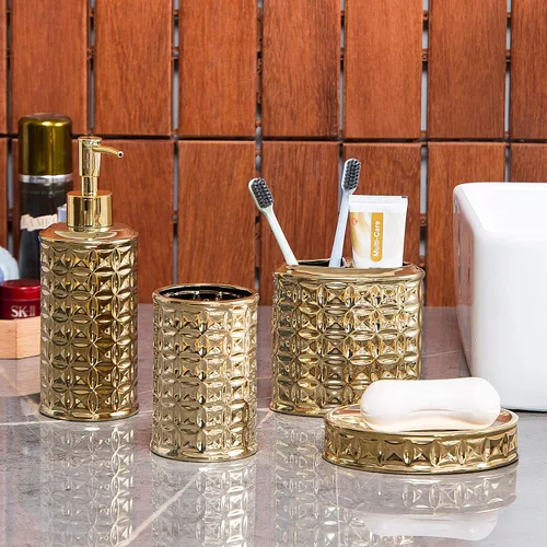 Vista 2 de Juego de accesorios de baño dorados, 4 piezas de cerámica para decoración de baño, incluye dispensador de loción, soporte para cepillos de dientes