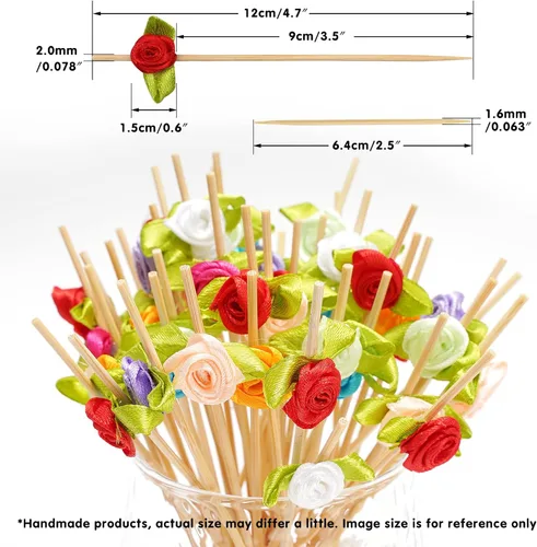 Vista 2 de Minisland Palillos de cóctel de flores de rosas multicolores, palillos de bambú de 4.7 pulgadas de largo para aperitivos, despedida de soltera