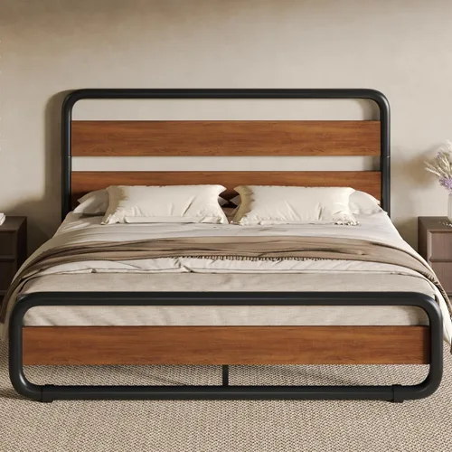 Vista 17 de SHA CERLIN Base de cama de metal de tamaño individual con cabecera y estribo de madera, base de cama de plataforma ovalada resistente
