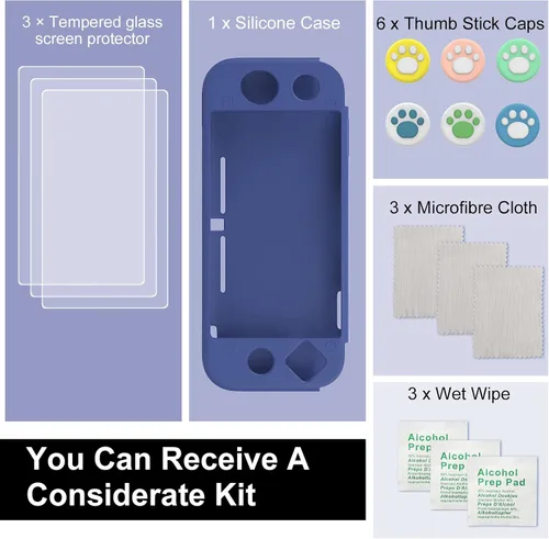 Vista 7 de MoKo Funda protectora compatible con Nintendo Switch Lite funda protectora de silicona con 6 tapas de pulgar y 3 protectores de pantalla de vidrio