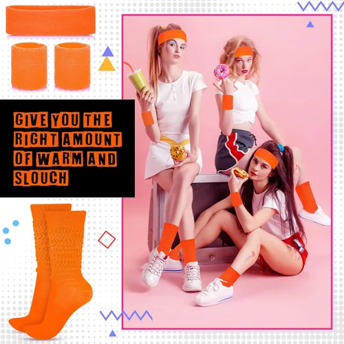 Vista 4 de 80s Neon Costumes Accessories Set Slouch Socks Sweatband Headband Wristband Neon Workout Outfit for Women Girl Cosplay Party