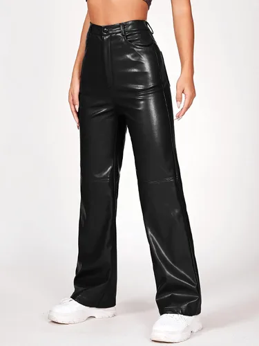 Vista 3 de MakeMeChic - Pantalones de piel sintética con cintura alta y bolsillos para mujeres