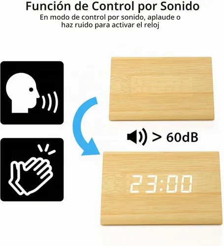 Vista 2 de Moderno reloj despertador con indicador de temperatura y calendario con diseño triangular de madera con luces led. Gearonic TM.