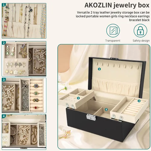 Vista 4 de AKOZLIN Joyero de viaje organizador funcional de 2 bandejas de cuero con cerradura portátil para mujeres y niñas, anillo collar, aretes, pulsera