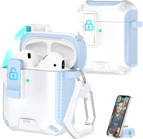 Vista 181 de R-fun Funda de carga compatible con AirPods de 2ª generación 2019, 1ª generación 2016, protección completa contra caídas, tapa desplegable