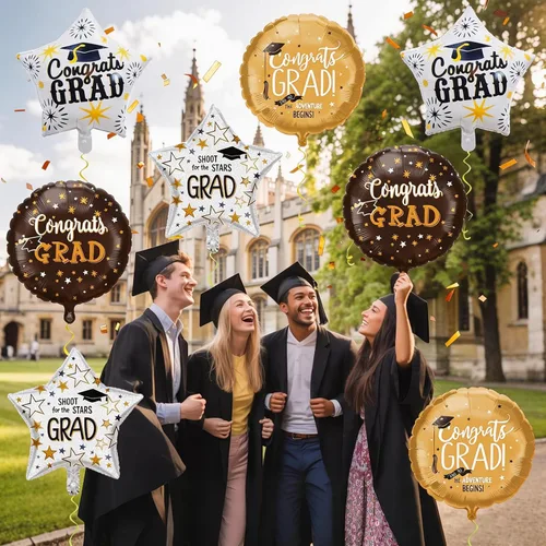 Vista 3 de Juego de decoraciones de globos de aluminio de graduación 2026, 8 globos redondos y de estrella de Congrats 2026 negros y dorados, globos de clase