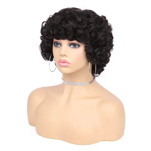 Vista 8 de Pelucas de cabello humano corto rizado Bob peluca para mujeres negras, sin encaje, peluca rizada grande con flequillo, corte pixie, pelucas Negro