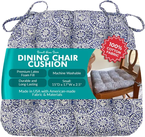 Vista 134 de Barnett Home Decor Ticking Stripe Berlin Blue - Almohadilla para silla de comedor con lazos, tamaño mediano 18, relleno de espuma de látex, lavable