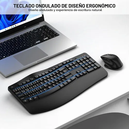 Vista 2 de Combo de teclado y mouse inalámbricos, teclado ergonómico de tamaño completo 2.4G con diseño de teclas onduladas y reposamuñecas, mouse ergonómico