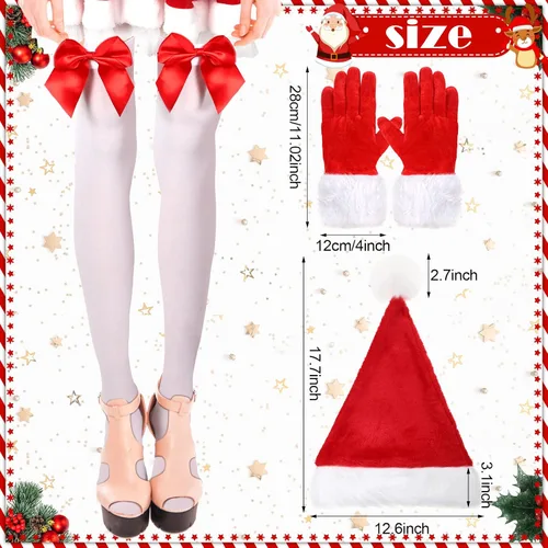 Vista 3 de Janmercy Conjunto de disfraz de Papá Noel, trajes de Navidad con vestido de terciopelocapa, medias altas hasta el muslo, guantes y sombrero de Santa