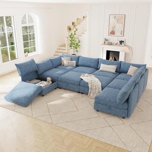 Vista 40 de 95.5" Sofá seccional modular de chenilla con almacenamiento oculto, sofá cama convertible en forma de L y U, sofá seccional moderno de 6 plazas