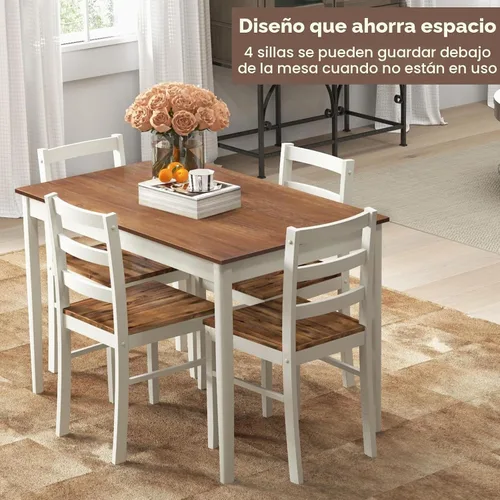 Vista 7 de Giantex Juego de comedor de 5 piezas para 4, mesa rectangular de madera maciza y 4 sillas con patas de madera de goma, juego de mesa de cocina