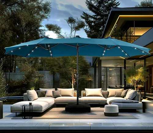 Vista 15 de PHI VILLA Sombrilla de patio grande de 15 pies con base y luces solares, paraguas rectangular de doble cara para exteriores con 36 luces LED, Beige