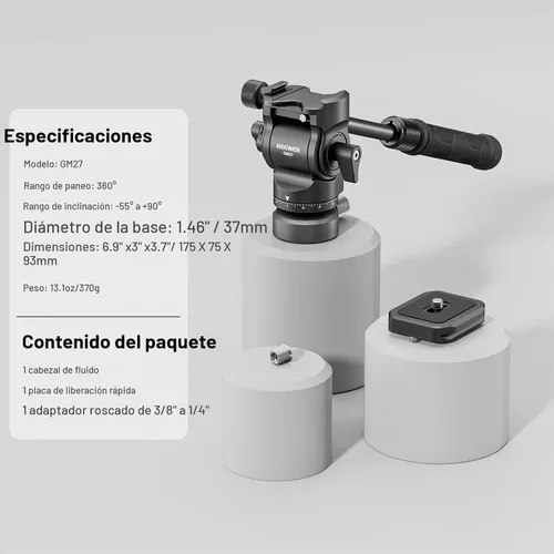 Vista 8 de NEEWER Trípode con cabeza fluida con base de nivelación +/-10° (37mm de diámetro), cabeza de pan y tilt de metal con placa QR tipo Arca, mango