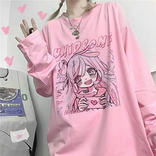 Vista 2 de Kawaii Camiseta de gran tamaño lindo rosa Anime camisa japonesa Harajuku Tee de manga larga conejo gato adolescente chica más