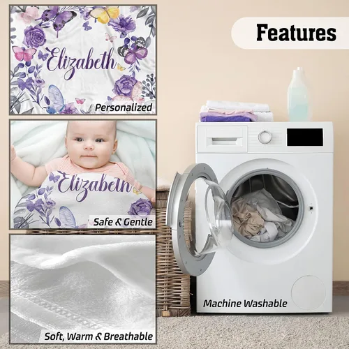 Vista 4 de AVIClothes Manta de bebé niña personalizada, mantas personalizadas con diseño de mariposas y flores, manta de bebé con nombre para niña, 30 x 40