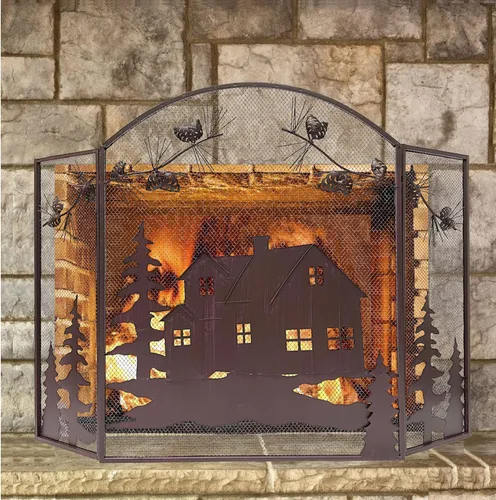 Vista 4 de BestGiftEver Pantalla decorativa para chimenea de 3 paneles con diseño de cono de pino de cabaña de casa, cubierta de chimenea, pantalla de malla