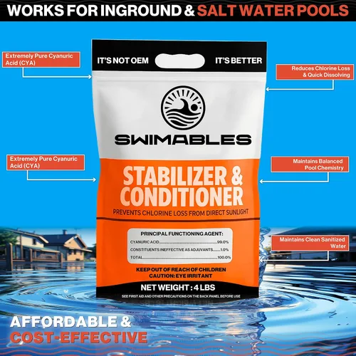 Vista 3 de Swimables Estabilizador y acondicionador de piscina prémium de 4 libras, ácido cianúrico de máxima fuerza para piscinas, spa y agua salada, reduce