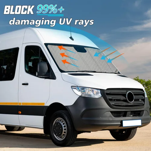 Vista 7 de ROCCS Parasol para parabrisas más grueso compatible con Mercedes Benz Sprinter Freightliner Cargo Crew 2007-2025, parasol plegable con diseño