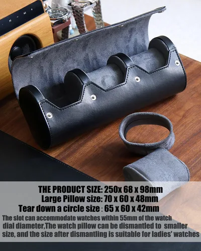 Vista 3 de Caja organizadora de relojes para hombre, rollo de viaje, portátil, 3 relojes, almacenamiento con secciones de terciopelo para sostener reloj grande