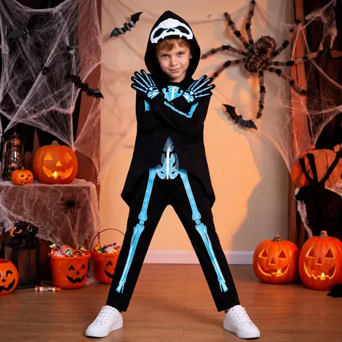 Vista 5 de Weixinbuy Disfraz de esqueleto de Halloween para niños que brillan en la Negro #1