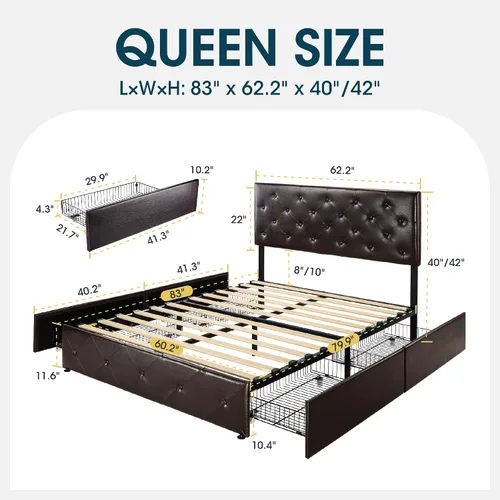 Vista 99 de WEEWAY Base de cama de plataforma tamaño King con 4 cajones de almacenamiento, cabecera capitonada con botones de costura de diamante, base de Negro