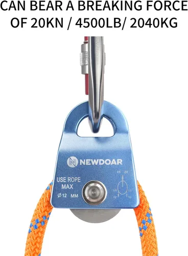 Vista 4 de NewDoar Micro Mobile Single Polea, 20kN (4500 lb) Max Rope 1/2 in para aparejos arboristas escalada rescate, certificado CE