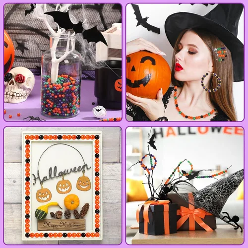 Vista 7 de UPINS 1200 piezas Cuentas de Halloween Redondas de 6 mm en Negro, Púrpura, Naranja y Verde para Hacer Joyería, Decoración de Fiesta de Halloween