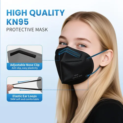 Vista 4 de Borje Mascarillas KN95, 50 unidades, envueltas individualmente, protección de 5 capas, mascarillas KN95 negras, mascarillas desechables para adultos