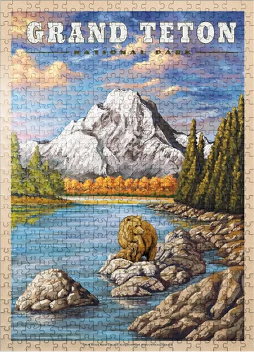 Vista 8 de MyPuzzle Grand Teton National Park – Grizzly Bear Hug, póster de viaje vintage – Rompecabezas de 100 piezas premium para adultos