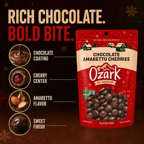 Vista 6 de OZARK NUT ROASTERS: Cerezas de chocolate y amaretto, embalaje festivo de Navidad de temporada, cerezas recubiertas de chocolate con leche gourmet