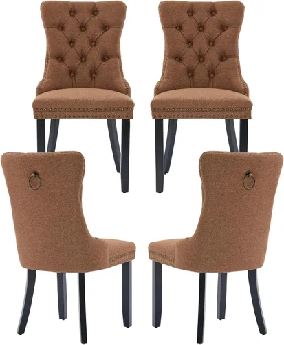 Vista 28 de Juego de 2 sillas de comedor de terciopelo, silla de comedor tapizada de alta gama con tirador de anillo en la espalda, adorno de clavos y patas