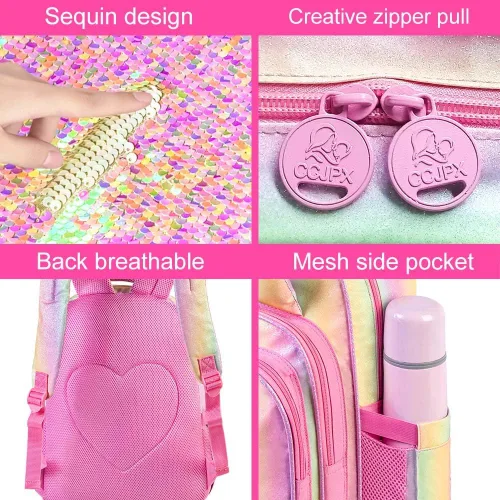 Vista 5 de AGSDON 4 mochilas infantiles para niñas, 14.5 pulgadas de unicornio con lentejuelas y lonchera