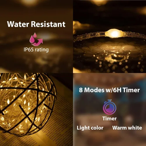 Vista 3 de Tira de luces LED de 33 pies, 100 luces LED de hadas de cinta estrellada flexible, 8 modos con temporizador de 6 horas, impermeable, cable