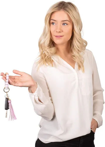 Vista 15 de dizzy creek designs Llavero pulsera, pulsera de cuentas de silicona para mujer, llavero con borla de cuero