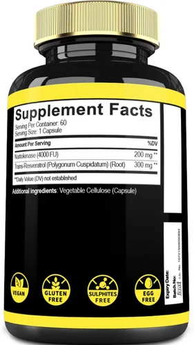 Vista 7 de Suplemento de nattoquinasa 4000 FU 200 mg con trans-resveratrol - 3200 mg por porción para la salud cardíaca, circulación y apoyo para el manejo