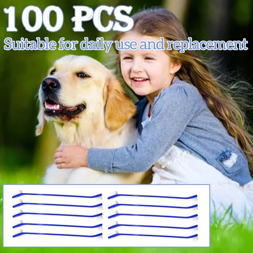 Vista 7 de 100 cepillos de dientes para perros de doble cabeza, kit de cepillado de dientes de cachorro de mango largo, cepillos dentales suaves para mascotas