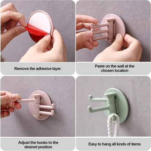 Vista 4 de Ganchos de pared adhesivos giratorios de 360°, estante de gancho de baño sin taladro, ganchos adhesivos fuertes para toallas y accesorios de baño