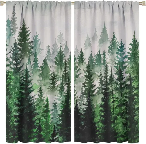 Vista 4 de BAEKJIN Cortinas verdes de bosque brumoso, acuarela, naturaleza, paisaje, plantas, árbol, bolsillo para barra, opacas, tratamiento de ventana