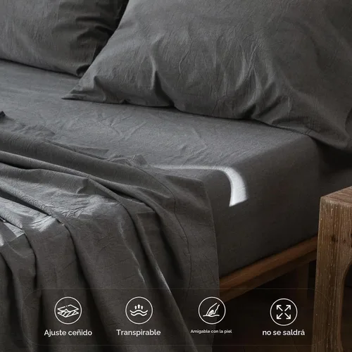 Vista 5 de MooMee Sábana bajera ajustable únicamente, 100% algodón lavado con textura tipo lino, transpirable, duradera, suave, cómoda, bolsillo profundo se