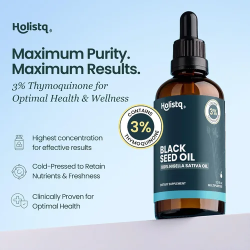 Vista 2 de Holistiq Aceite de Semilla Negra Orgánico Prensado en Frío en Gotas 3% Timoquinona Sin OMG y Vegano Aceite de Comino Negro Prensado en Frío
