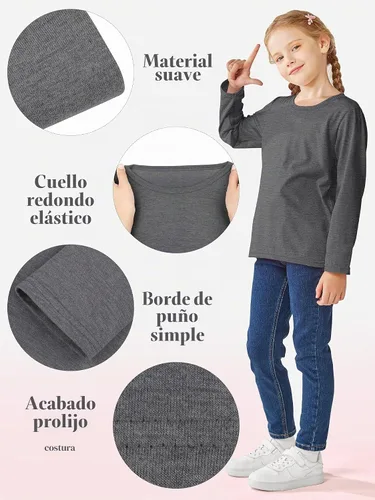Vista 4 de Cooraby - Paquete de 5 camisetas básicas de manga larga para niñas de 2 a