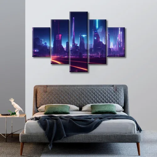 Vista 208 de Cuadros de 5 paneles de Cyberpunk City, arte de pared, representación de vallas publicitarias, edificios modernos en la capital con obras de arte