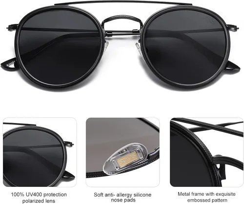 Vista 2 de SOJOS Retro Round Double Bridge Polarized Sunglasses for Women Men Twin Beams Circular UV400 Sunnies