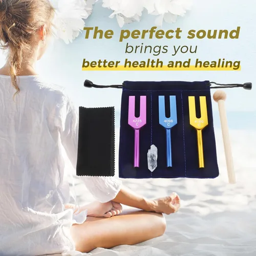 Vista 5 de Juego de diapasones Angel - 4096 Hz, 4160 Hz, 4225 Hz para sonido, instrumento musical, con martillo de madera y bolsa de almacenamiento suave