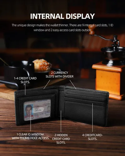 Vista 2 de MIROMIHO Cartera delgada de cuero genuino para hombres minimalista plegable bloqueo RFID con caja de regalo, 0-negro natural TQB01, Minimalista